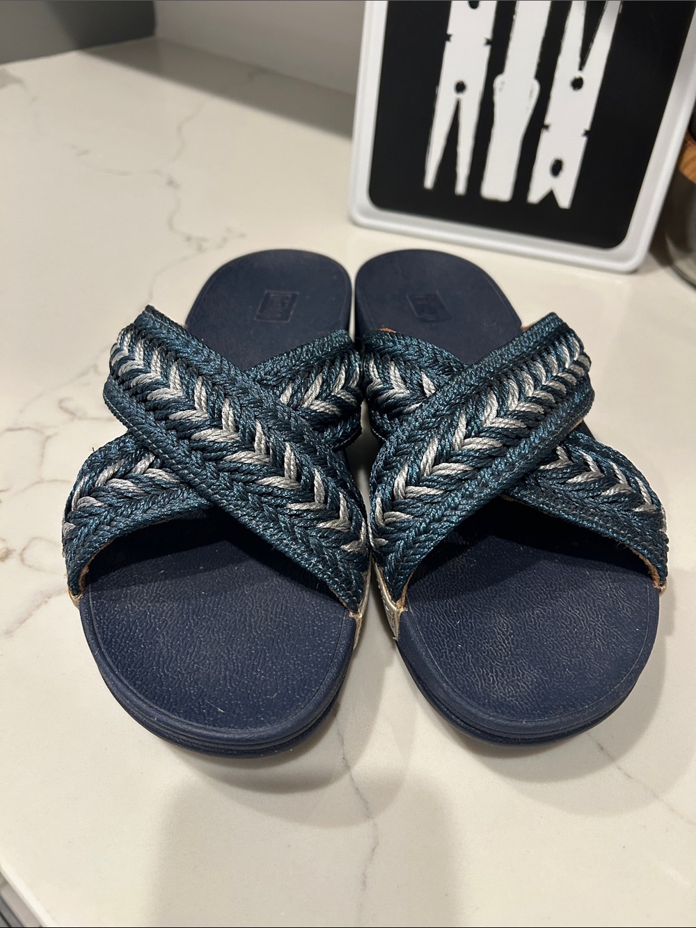 Fitflop Teal and White Braided Crossover Slide Sandals